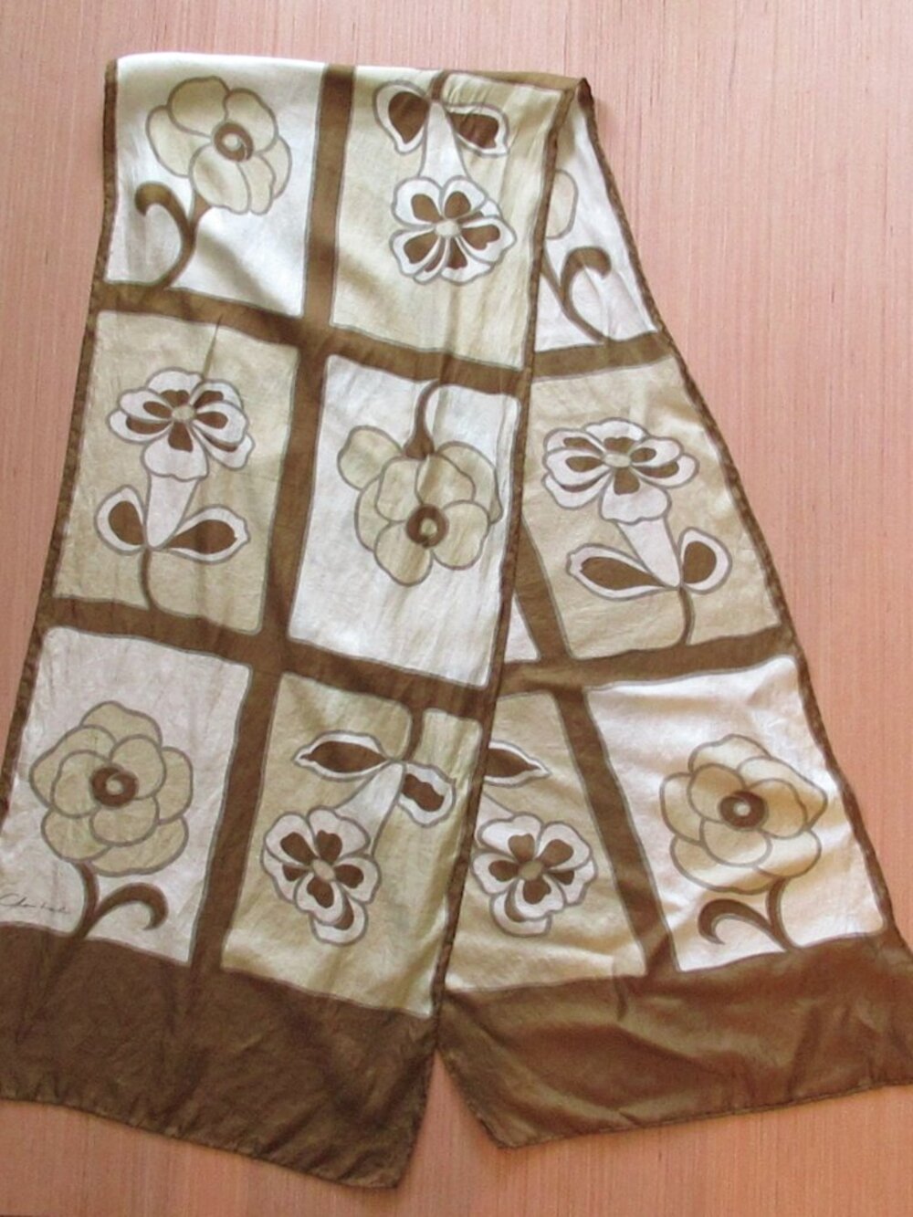 Vintage Chantal 100% Pure Silk Long Mod Floral Scarf Brown Tan 14x68